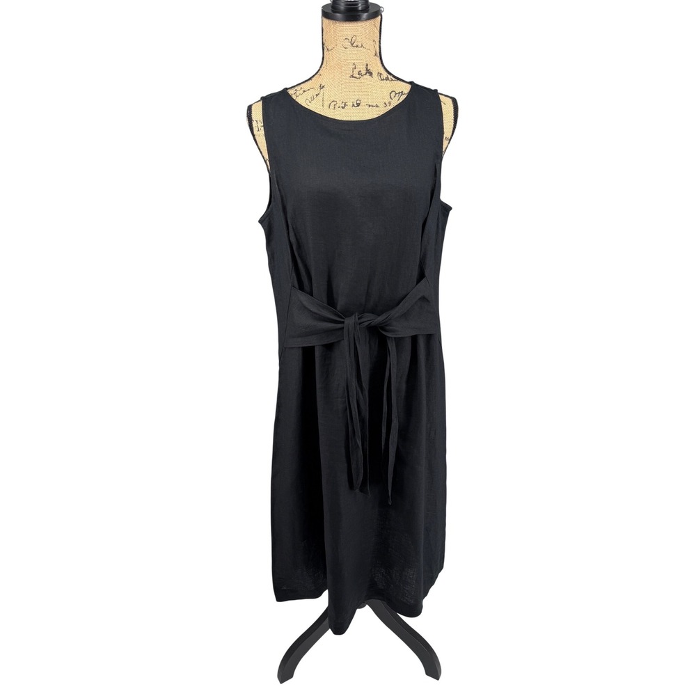 J. Jill Dress M Black 100% Linen Sleeveless Tie Front Midi Lagenlook Classic